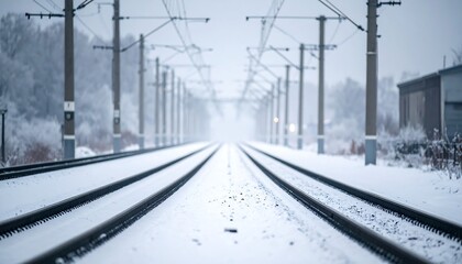 Fototapeta premium Snowy train tracks stretching into a hazy winter scene