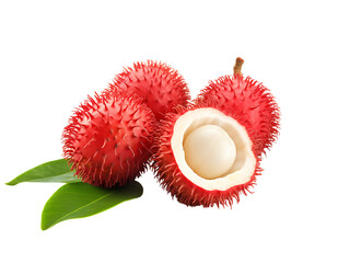 Fresh sweet rambutan with red spiky skin and a cut one showing white flesh isolated on a transparent background