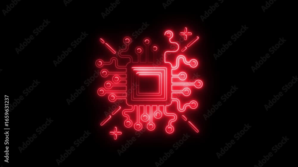 Poster red neon glowing circuit board processor chip symbol on black background computer technology