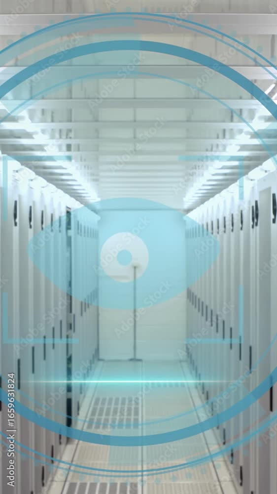 Poster animation of eye icon over data processing and server room
