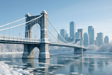 Naklejka premium Iconic city skyline and bridge with calm water reflections at dusk