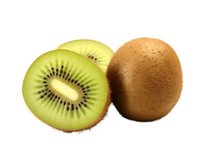 Obraz premium Whole and sliced kiwi fruit with vibrant green flesh and black seeds isolated on a transparent background