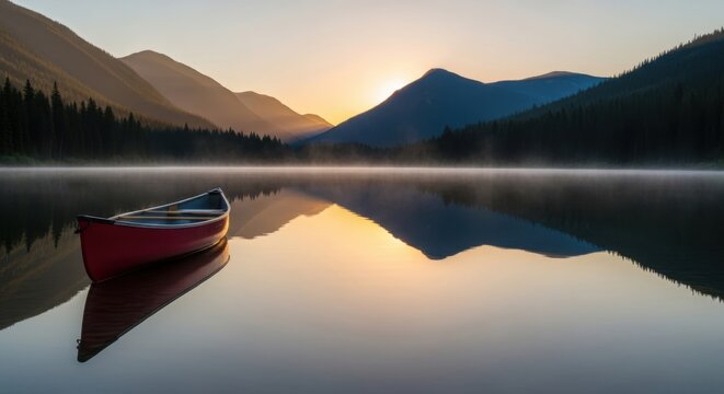 Serene Mountain Lake Sunrise with Red Canoe Reflection