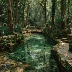 Tranquil forest stream. Crystal-clear water reflects lush greenery