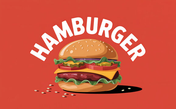 A vibrant flat illustration of a classic hamburger against a solid red background. The burger features a sesame seed bun, a juicy beef patty with melted cheddar cheese, crisp lettuce, ripe tomato slic