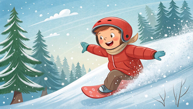 little girl playing in snow with a big Christmas tree