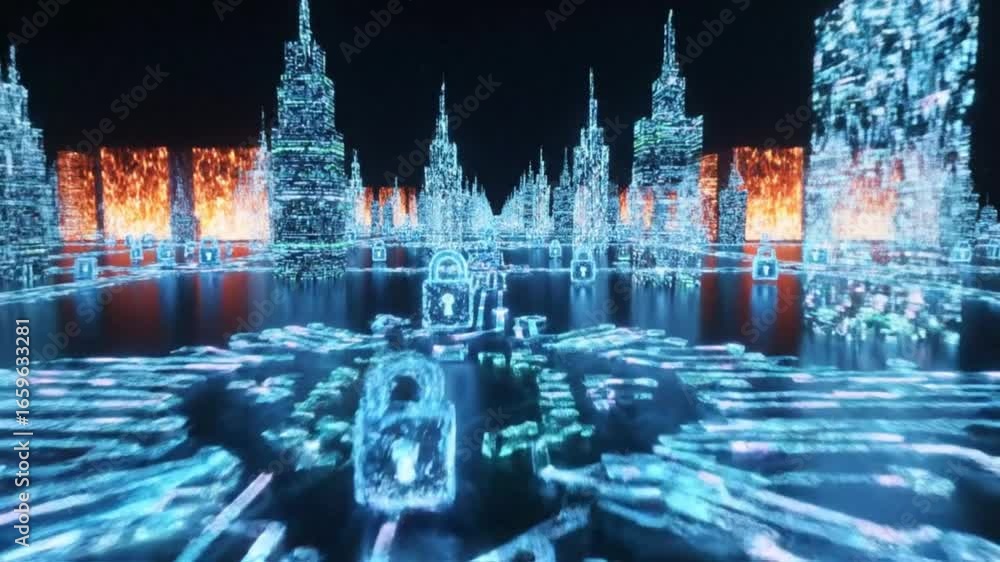 Poster a mesmerizing digital cityscape emerges from glowing blue lines and circuits, representing advanced 
