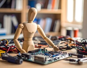 木製人形による回路基板の技術的修復