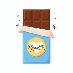 Delicious Dark Chocolate Bar in Blue Wrapper with Heart Logo and Sparkling Stars Tempting Sweet Treat Illustration