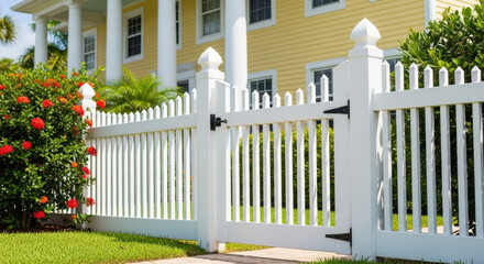 Fototapeta premium Charming white picket fence with gate and yellow house in a beautiful neighborhood setting