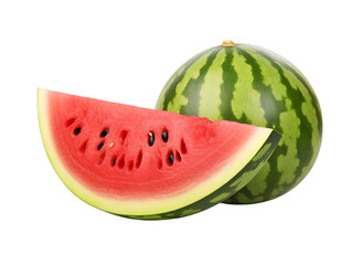 A whole watermelon with a juicy sliced wedge, sweet and refreshing summer fruit, isolated on a transparent background.
