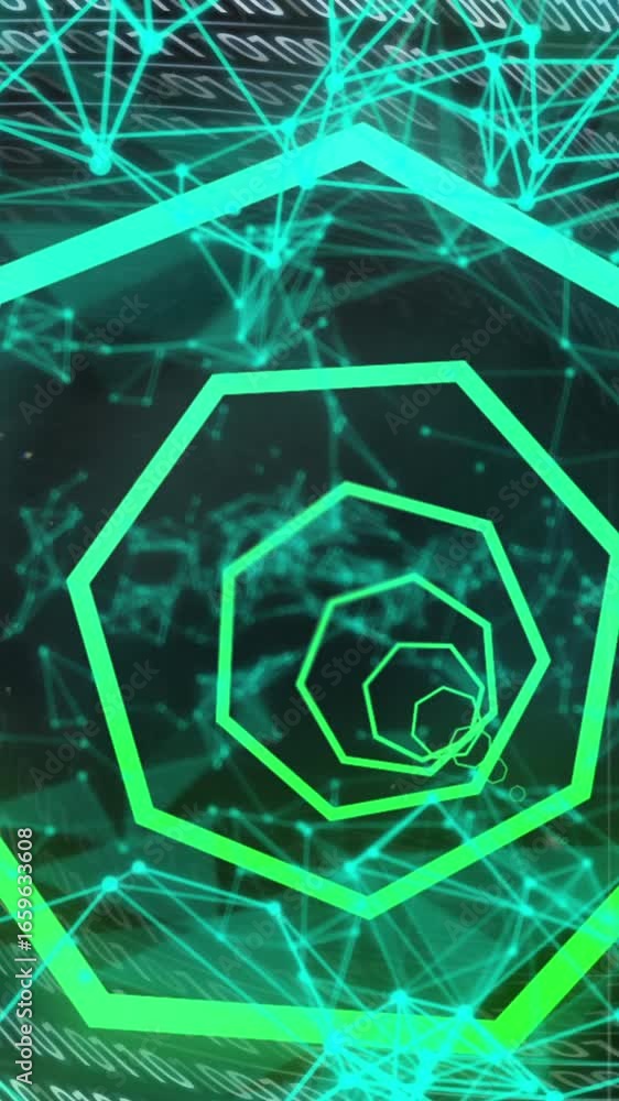 Poster animation of neon shapes over data processing on black background