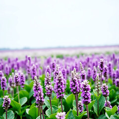Obraz premium Vibrant Field of Purple Flowers with White Blooms Under Soft Blue Sky and Lush Greenery 
