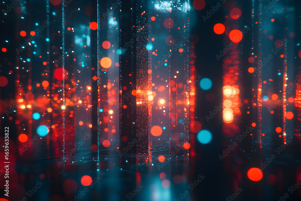 Poster abstract background with glowing red and blue particles and light trails. digital data communication