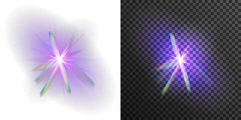 Abstract glowing prism effects. Vector refraction lights, neon starbursts, rainbow holographic flares and glitter particles isolated on dark transparent background for design decoration.