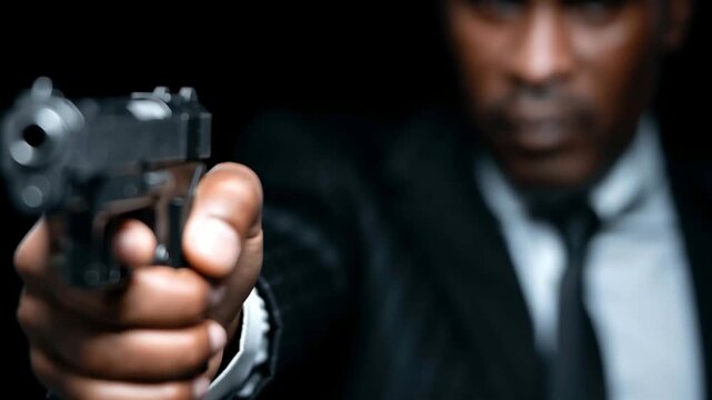 African american man in a suit pointing a gun directly at the viewer. Crime fiction scene or thriller concept footage.