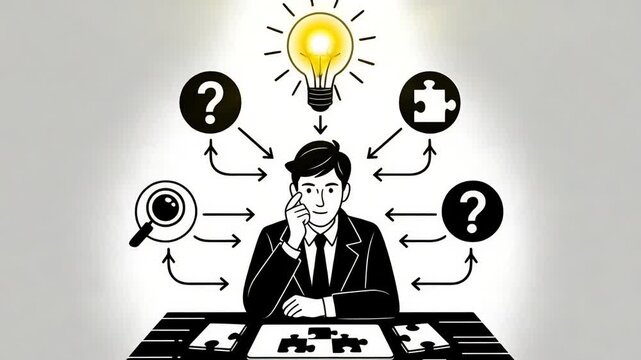 Thoughtful Businessman Analyzing Puzzle Pieces with Ideas Symbolized by Light
