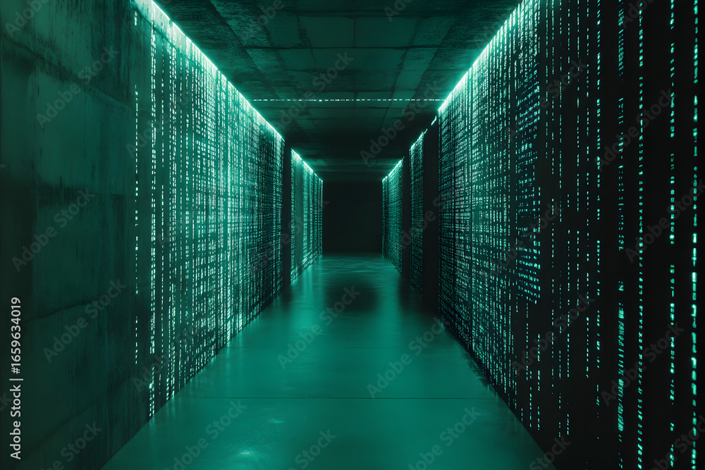 Poster dark futuristic corridor with glowing digital matrix code on walls. cyber tunnel with data stream. c