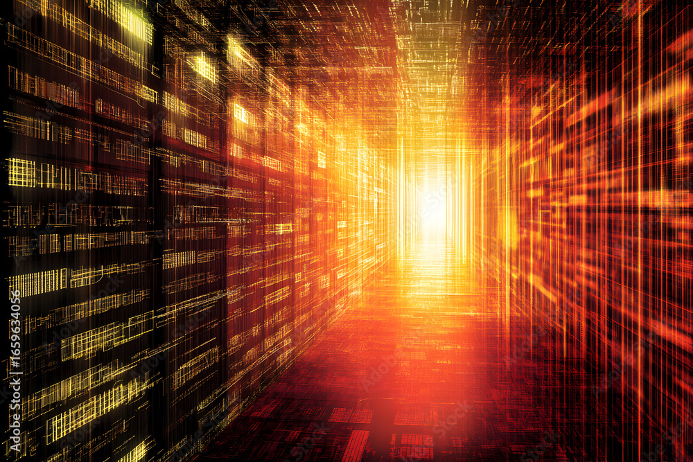 Aufkleber digital data tunnel with glowing lines leading to bright light. abstract futuristic corridor visuali