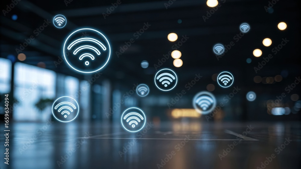 Aufkleber digital transformation strategy floating wi-fi symbols in a modern, dimly lit environment create a f