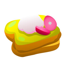 Illustration of a colorful toast with green spread, a white topping, and a red garnish. The vibrant and minimalistic design emphasizes bright colors and simplicity with a modern approach toward art