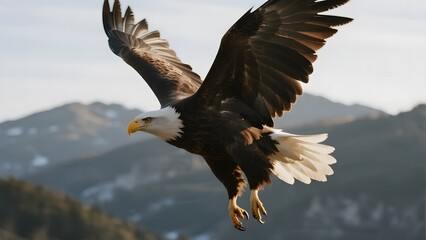 Fototapeta premium Bald Eagle in Flight Over Mountainous Terrain