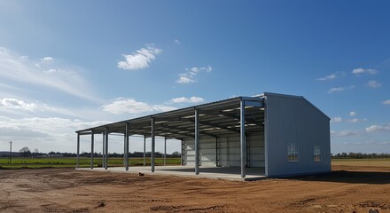New metal steel frame building construction site with unfinished warehouse structure under a clear blue sky with white clouds