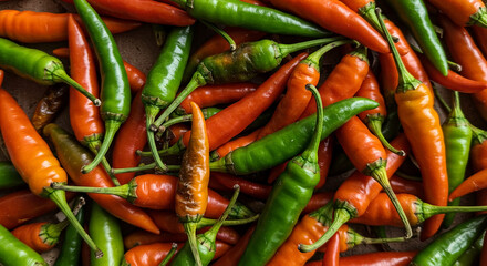 Close-up view of a vibrant mix of red and green chili peppers.