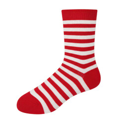 Vibrant red and white striped sock, close-up view, isolated on white background
