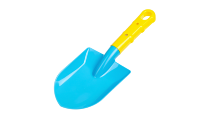 Bright plastic sand shovel spade with a sturdy handle, isolated on a clean white background. Perfect for beach play, gardening themes, and children’s outdoor activities.
