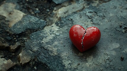 Fototapeta premium Broken Red Heart on Rough Ground Symbolizing Pain and Heartbreak
