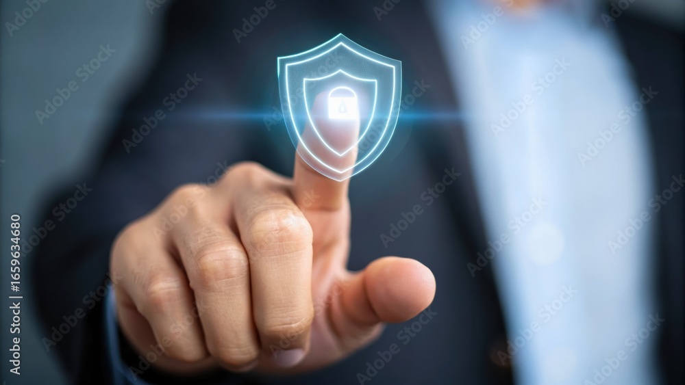 Poster digital transformation strategy a hand touches a digital shield symbolizing security and protection 