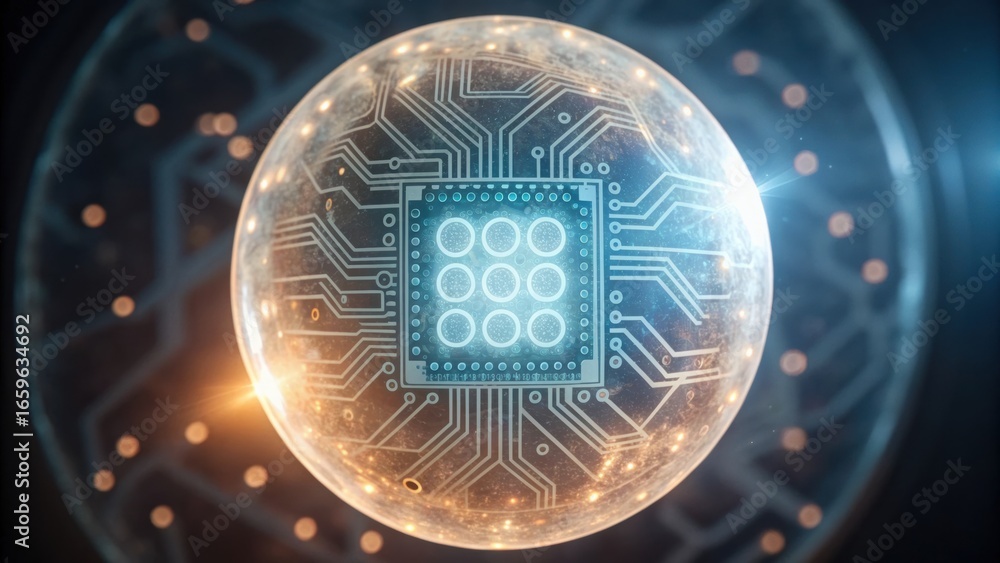 Poster digital transformation strategy futuristic circuit design in a glowing orb, representing technology 