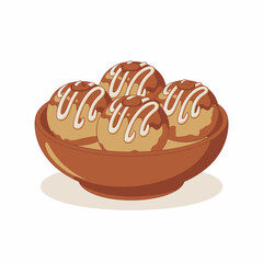 Delicious Takoyaki Balls in a Bowl Illustration Japanese Street Food Snack with Toppings Graphic Design