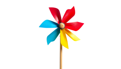 Colorful pinwheel toy with vibrant spinning blades and a stick handle, isolated on a clean white background. Perfect for children’s play, festive decorations, and creative design themes.
