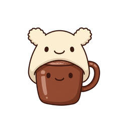 Cute cocoa cup with creamy bear hat and smiling face illustration, isolated on white background