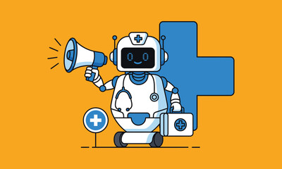 Medical robot with stethoscope announces healthcare solutions and advanced technologies with a megaphone
