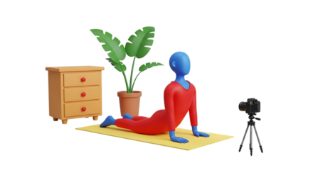 3d self care rituals icons person in yoga cobra pose with plant and camera isolated on transparent background