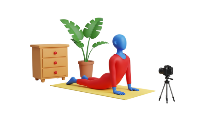 3d self care rituals icons person in yoga cobra pose with plant and camera isolated on transparent background
