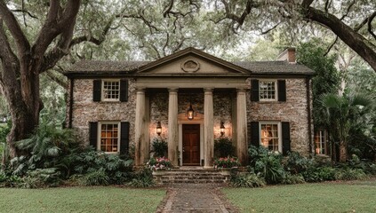 Historic stone house with columns, under large trees