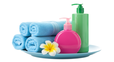 3d self care rituals icons spa and beauty products with rolled towels and flower isolated on transparent background