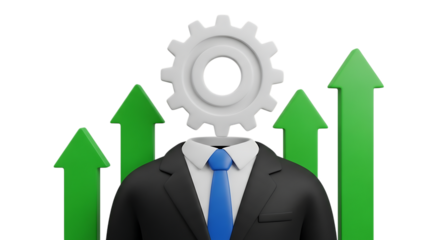3d self care rituals icons business growth strategy with a gear head and upward arrows isolated on transparent background