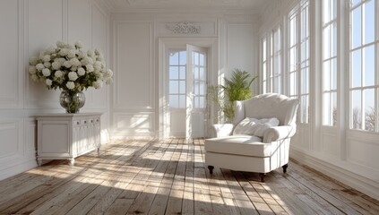 Sunny, white room with chaise lounge and large floral arrangement