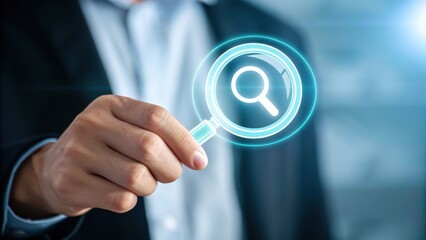 Digital Transformation Strategy A hand holds a glowing magnifying glass icon, symbolizing search or analysis in a professional setting.