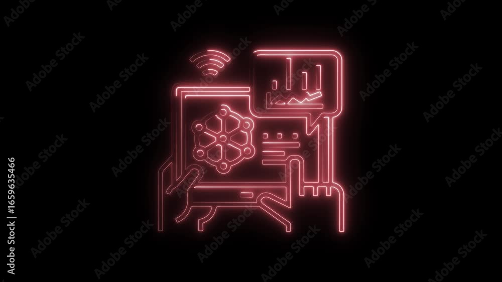 Poster red neon outline of hands holding tablet displaying data analysis and network connection image photo