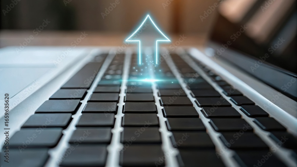 Poster digital transformation strategy close-up of a laptop keyboard with a glowing arrow symbol indicating