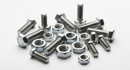 Close up of shiny new metal bolts and nuts arranged on a white background.
