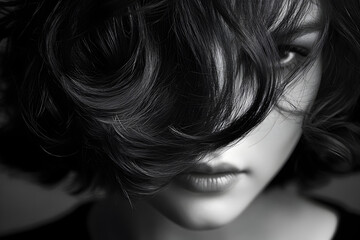 Close up of a woman with dark hair covering her face, showcasing natural beauty and an elegant, mysterious style.