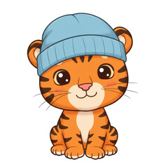 Naklejka premium Adorable cartoon tiger cub wearing a blue beanie, smiling cheerfully, isolated on white background