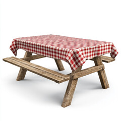 Wooden picnic table with red and white checkered tablecloth wooden table outdoor furniture